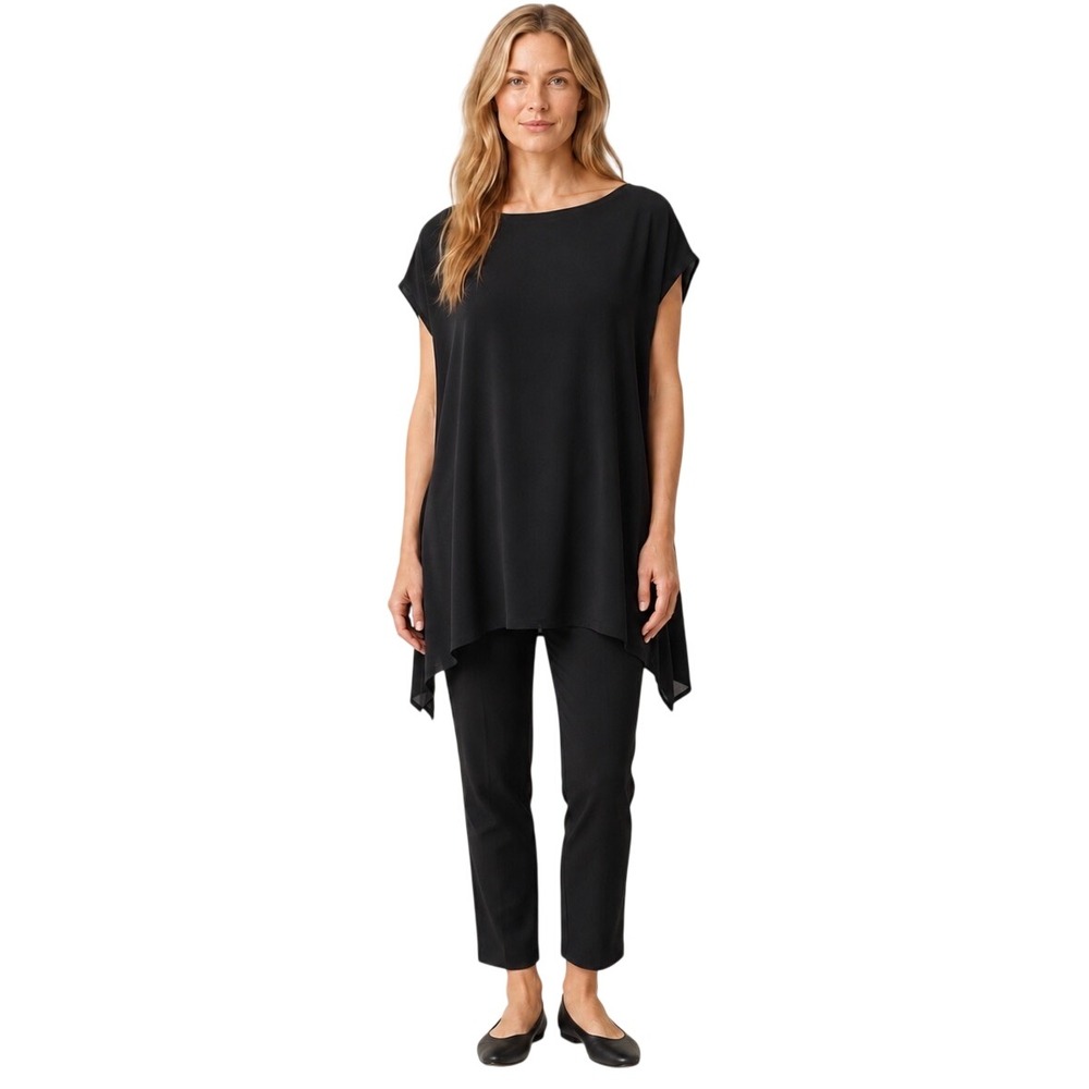 NWT Eileen Fisher Silk Georgette Crepe Bateau Neck Tunic Top Black XL F17GC
